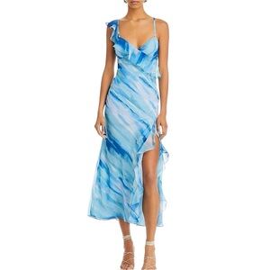 Aqua Asymmetrical Ombré Blue Ruffle Midi Dress- XS